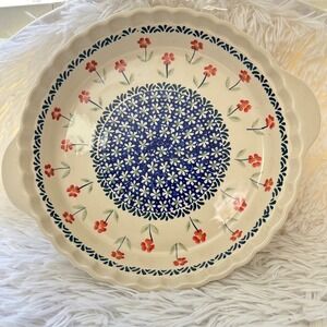 Polish Pottery Fluted Pie Dish Blue Multi Floral 11 inch With Handles